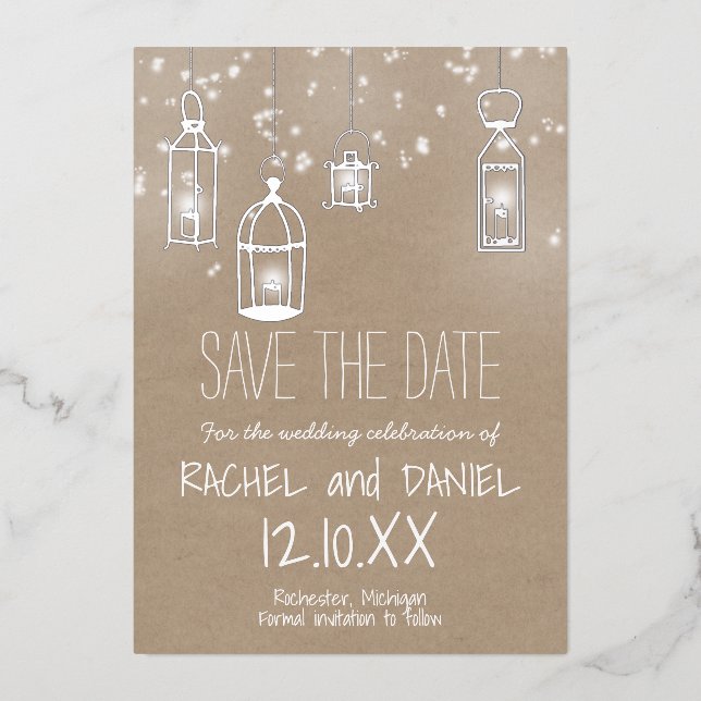 Winter silver lanterns save the date postcard (Front)