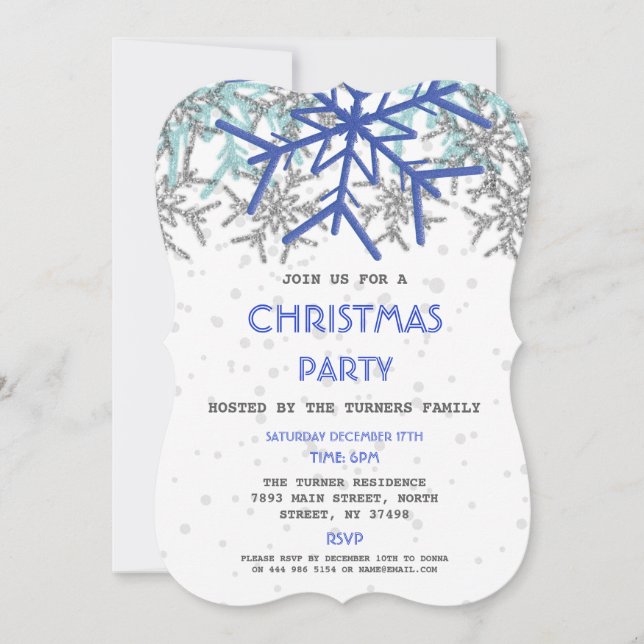Winter Silver Navy Blue Snowflake CHRISTMAS Party Invitation (Front)
