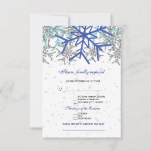 Winter Silver Navy Blue Snowflakes Wedding RSVP Card