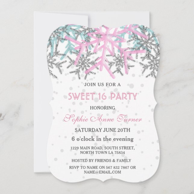 Winter Silver Pink Blue Snowflakes SWEET 16 Invitation (Front)