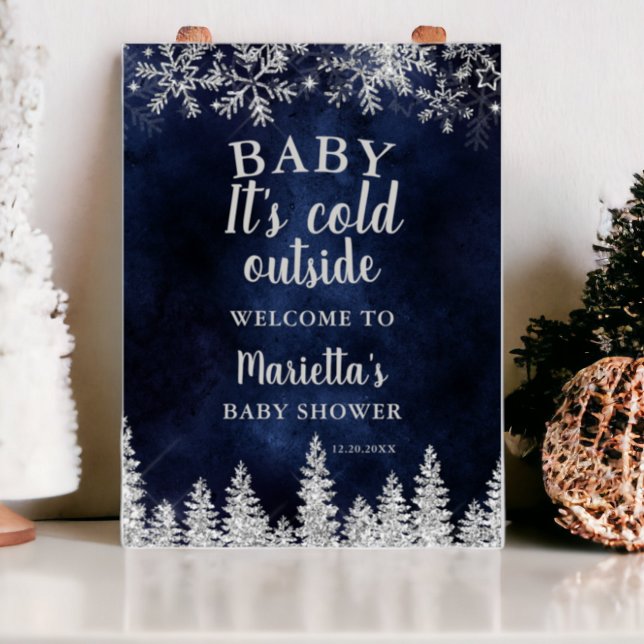 Winter silver snow pine navy welcome baby shower poster (Winter silver snow pine navy welcome baby shower poster)