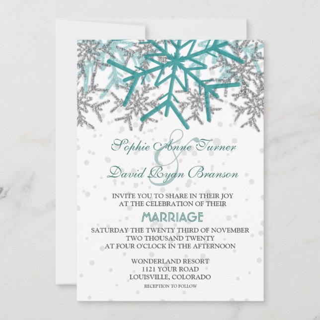 Winter Silver Turquoise Snowflakes Wedding Invitation (Front)
