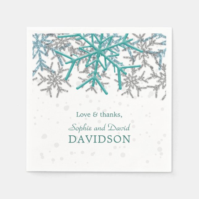 Winter Silver Turquoise Snowflakes Wedding Napkin (Front)