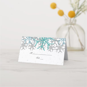 Winter Silver Turquoise Snowflakes Wedding Place Card