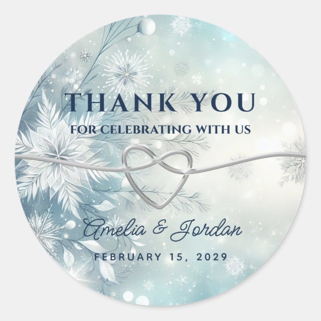 Winter Silver Wedding Thank You Classic Round Sticker (Front)