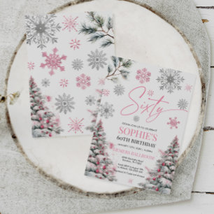 Winter Sixty Birthday Invitation, Pink and Silver Invitation
