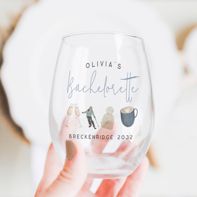 Winter Ski Resort Personalised Bachelorette Party Stemless Wine Glass (Creator Uploaded)