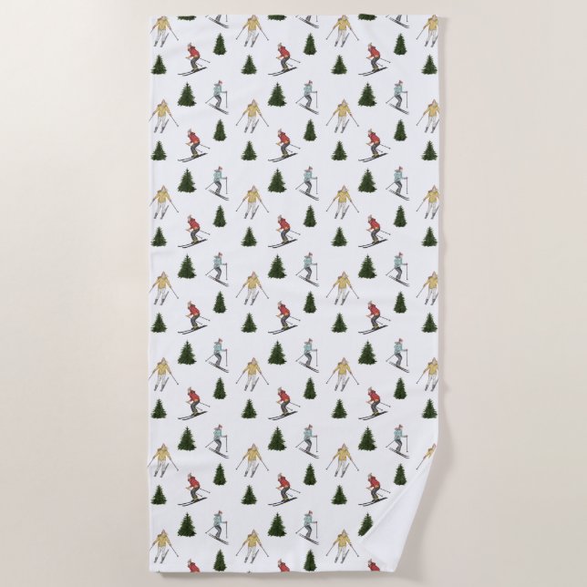 Winter Ski Women Watercolor Christmas Pattern Beach Towel (Front)