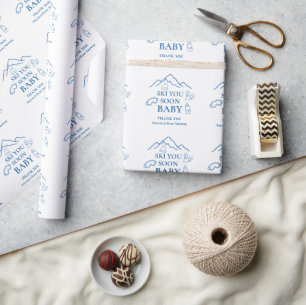 Winter Ski You Soon Blue Boy Baby Shower Wrapping Paper
