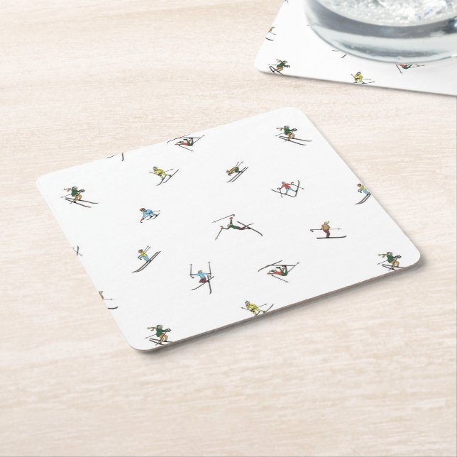 Winter Skiers In Action Pattern Square Paper Coaster (Angled)