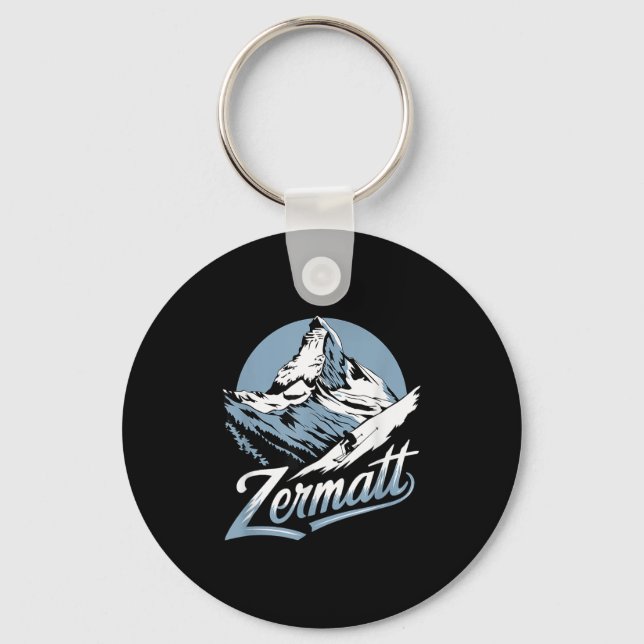 Winter Skiing Adventure, Zermatt Mountain Ski Fun  Key Ring (Front)