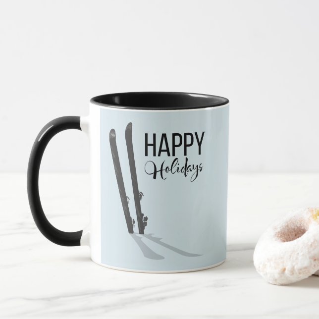 Winter Skiing Happy Holidays Coffee Mug (With Donut)