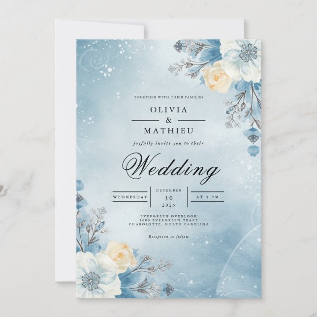 Winter Sky Floral Flourish Wedding Invitation (Front)
