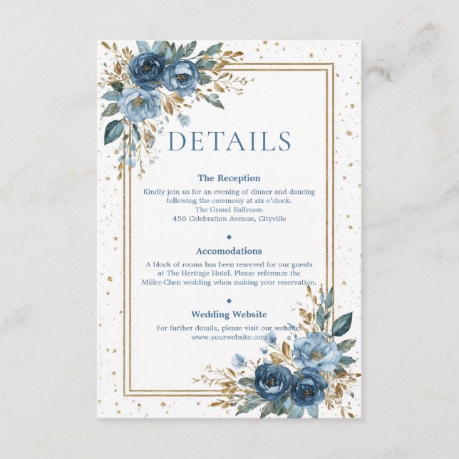 Winter Sky Navy and Gold Floral Wedding Enclosure Card (Front)