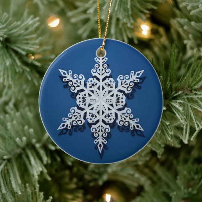 Winter Sky Snowflake — Classic White on Blue Ceramic Ornament (Tree)