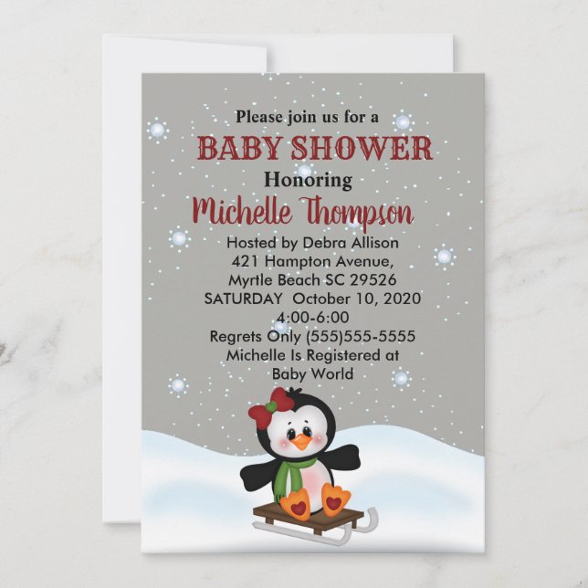 Winter Sled Penguin Baby Shower/Birthday Invite (Front)