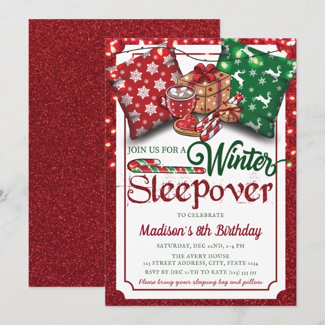 Winter Sleepover Birthday Party Red Glitter  Invitation (Front/Back)