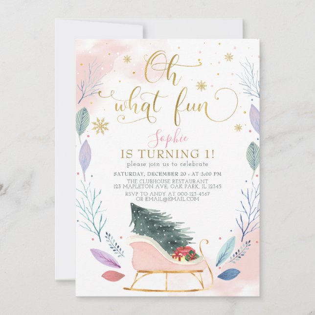 Winter Sleigh Oh What Fun Christmas 1st Birthday Invitation (Front)