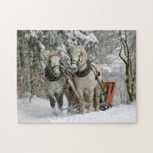 Winter Sleigh Ride Horses Christmas Holiday Jigsaw Puzzle