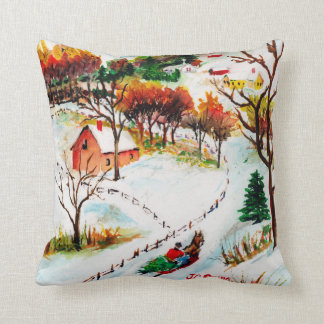 Winter Sleigh Ride Mountain Christmas Watercolor Cushion
