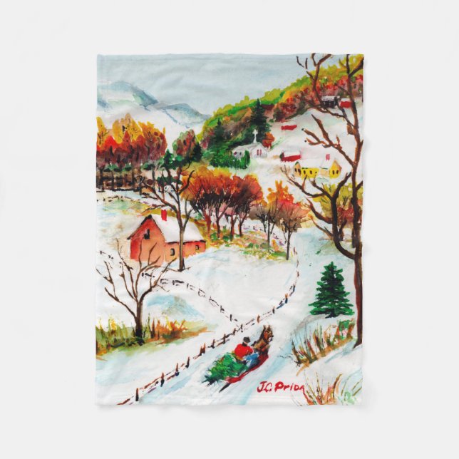 Winter Sleigh Ride Mountain Christmas Watercolor Fleece Blanket (Front)