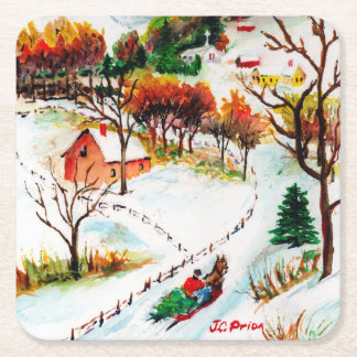 Winter Sleigh Ride Mountain Christmas Watercolor Square Paper Coaster
