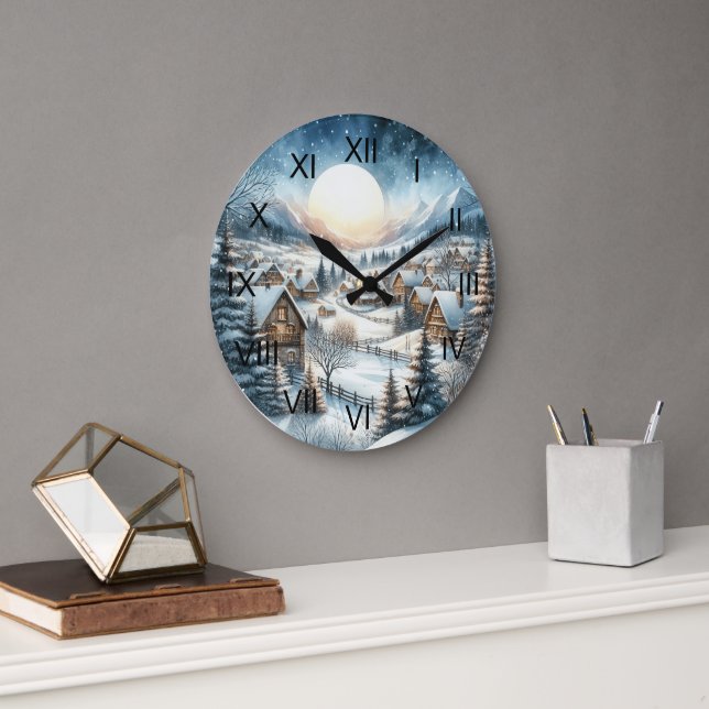 Winter Small Town Streets Snowy Full Moon Blue Large Clock (Office)