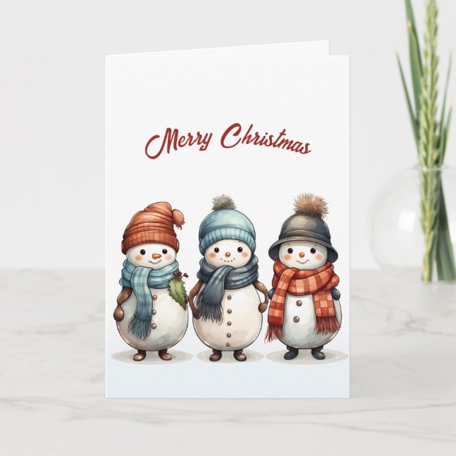 Winter Smiling Snowmen Illustration Christmas  Card (Front)