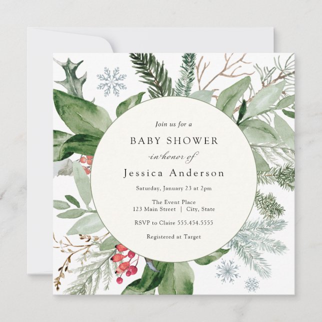 Winter Snow and Evergreen Baby Shower Invitation (Front)