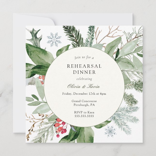 Winter Snow and Evergreen Wedding Rehearsal Dinner Invitation (Front)