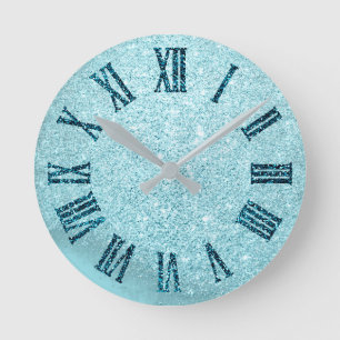 Winter Snow Aqua Teal Blue Glitter Roman Number Round Clock