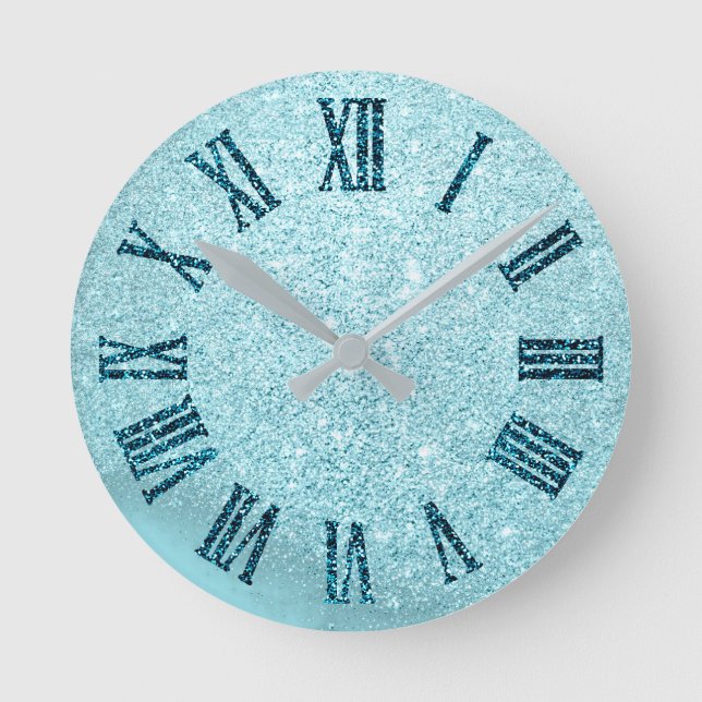 Winter Snow Aqua Teal Blue Glitter Roman Number Round Clock (Front)