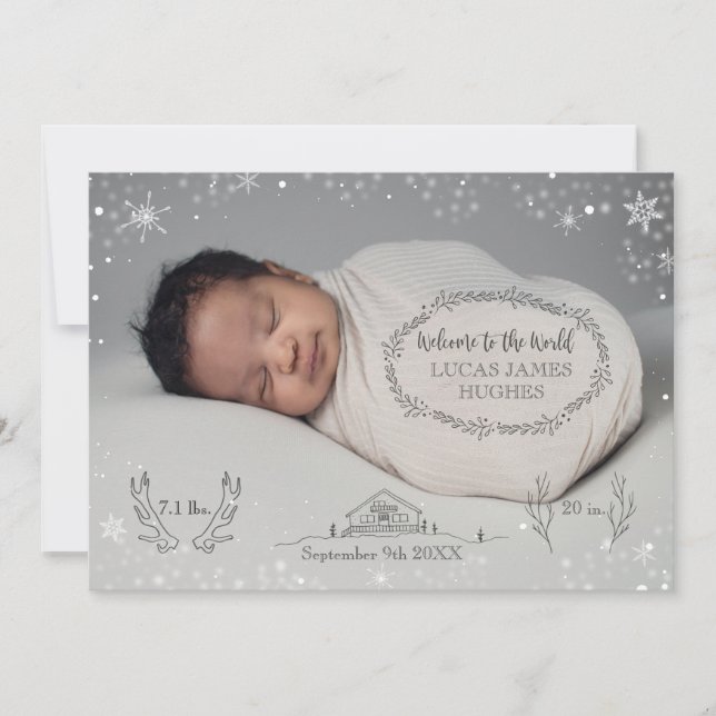 Winter Snow Baby Boy Photo Birth Announcement (Front)