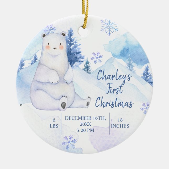 Winter Snow Bear artics Animal First Christmas Ceramic Ornament (Front)