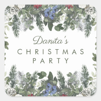 Winter Snow Berries Pine Christmas Personalised Square Sticker