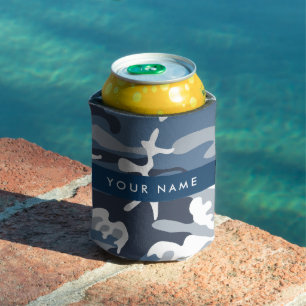 Winter Snow Blue Camouflage Your name Personalise Can Cooler
