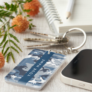 Winter Snow Blue Camouflage Your name Personalise Key Ring