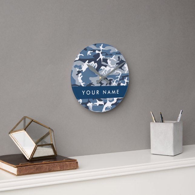 Winter Snow Blue Camouflage Your name Personalise Round Clock (Office)