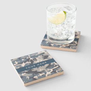 Winter Snow Blue Camouflage Your name Personalise Stone Coaster