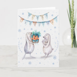Winter Snow Bunnies Merry Christmas Holiday Card