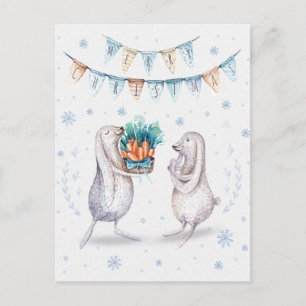 Winter Snow Bunnies Merry Christmas Holiday Postcard