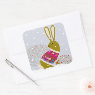 Winter Snow Bunny Rounded Square Stickers