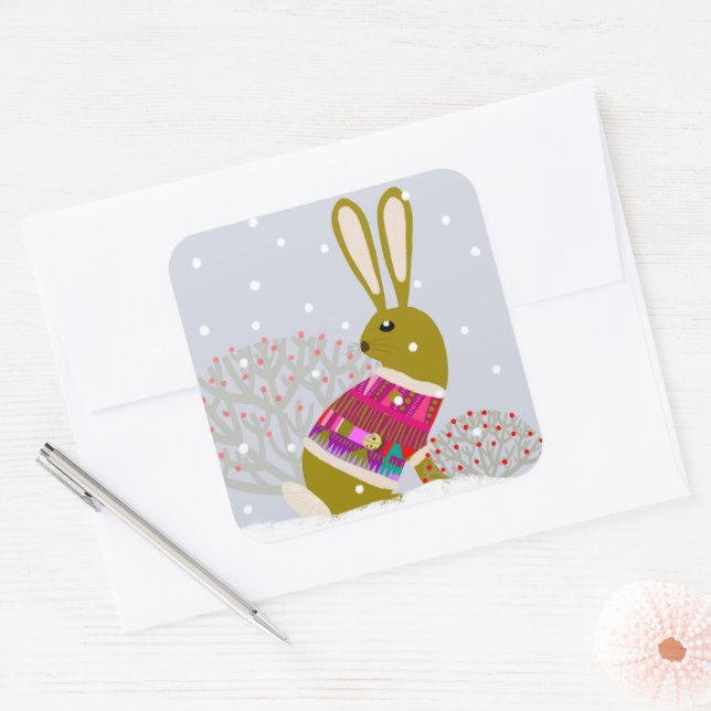 Winter Snow Bunny Rounded Square Stickers (Envelope)