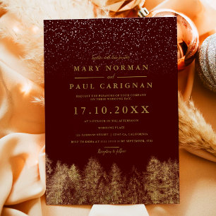 Winter snow burgundy pine trees forest wedding invitation