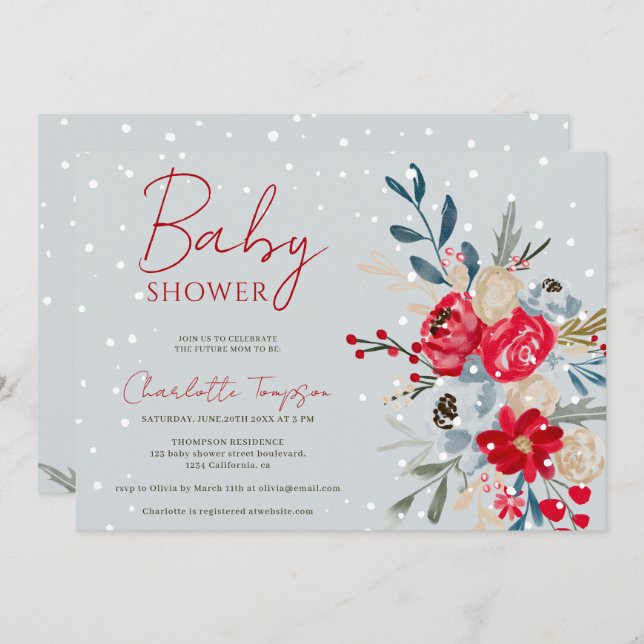 Winter snow Christmas flowers script baby shower Invitation (Front/Back)