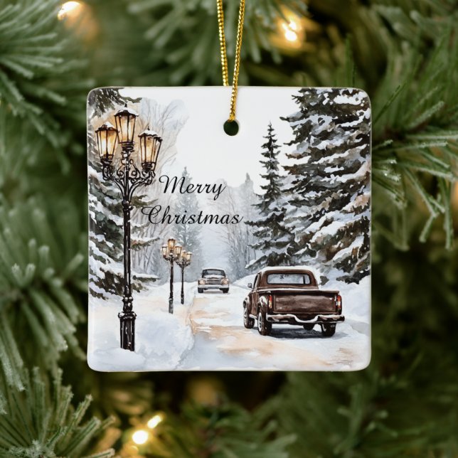 Winter Snow Christmas Trees Cars Ceramic Ornament (Tree)