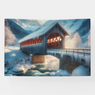 Winter, snow covered bridge & river banner