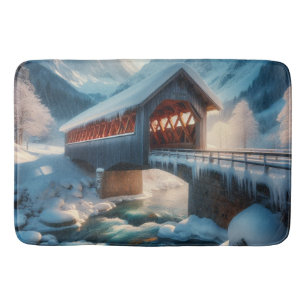 Winter, snow covered bridge & river bath mat