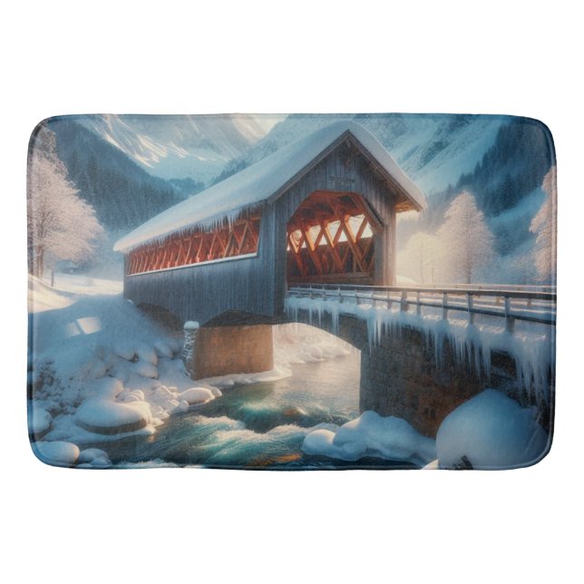 Winter, snow covered bridge & river bath mat (Front)