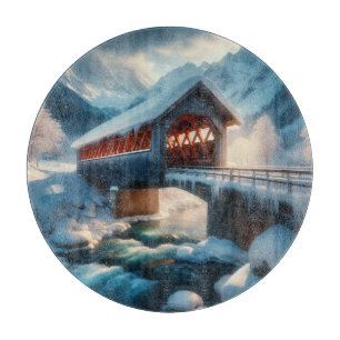 Winter, snow covered bridge & river cutting board